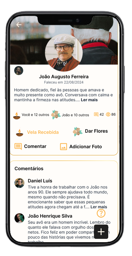 Tela do app mostrando comentários e interações em um memorial